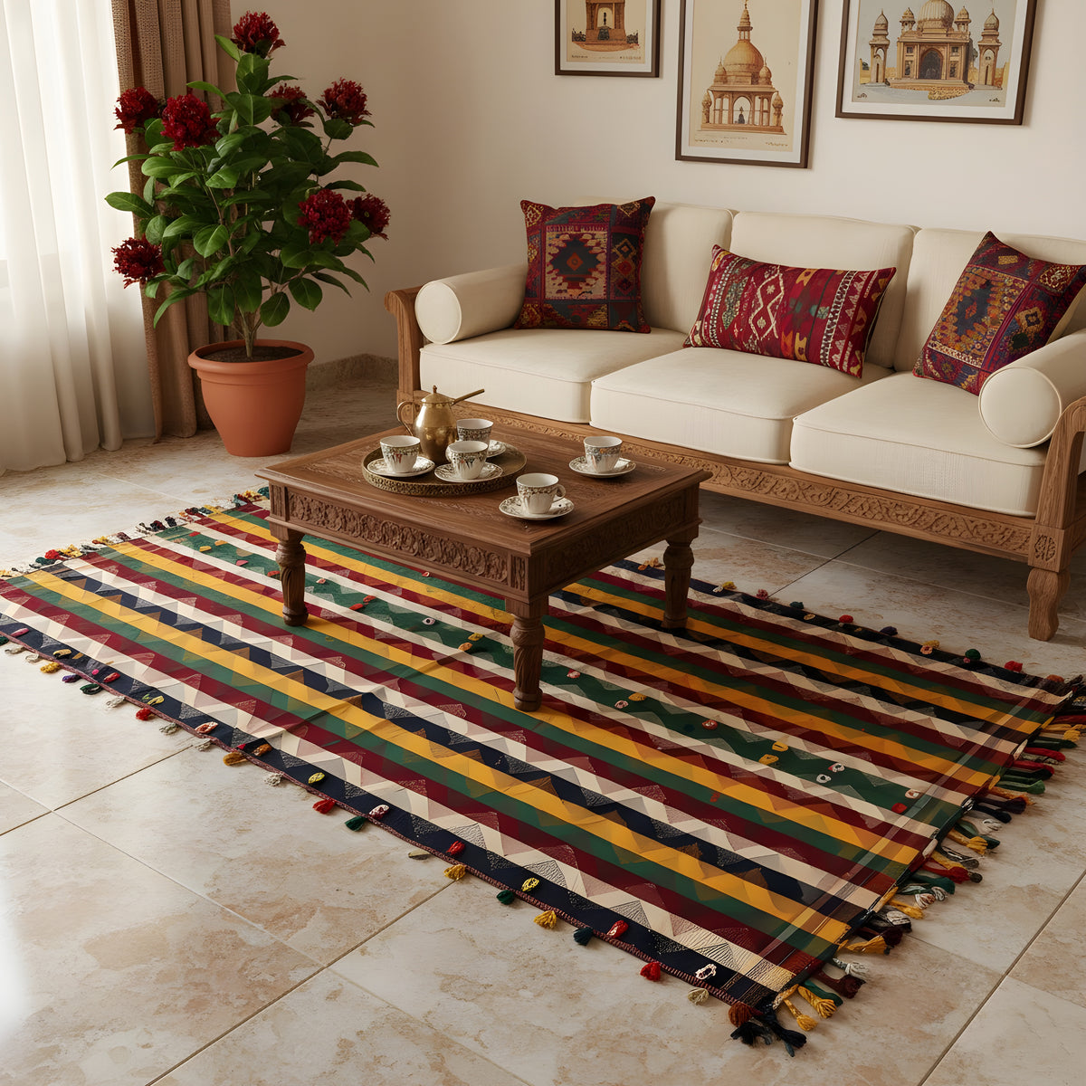 Tapete Jajim colorido com riscas multicolores e franjas de borlas em toda a volta