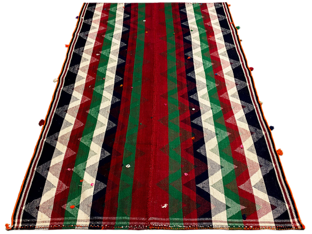 Tapete Jajim com padrão às riscas em vermelho, verde, creme e azul-escuro