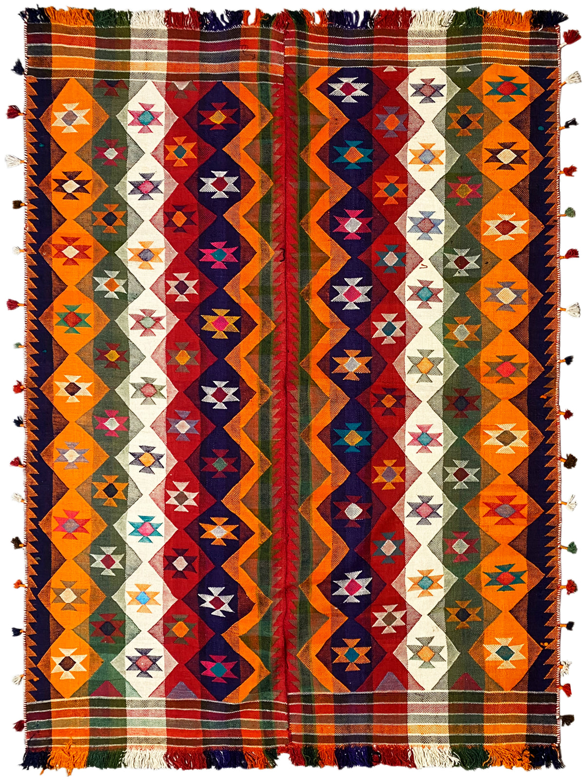 Tapete Jajim com patchwork geométrico, nas cores laranja, azul e verde, com franjas