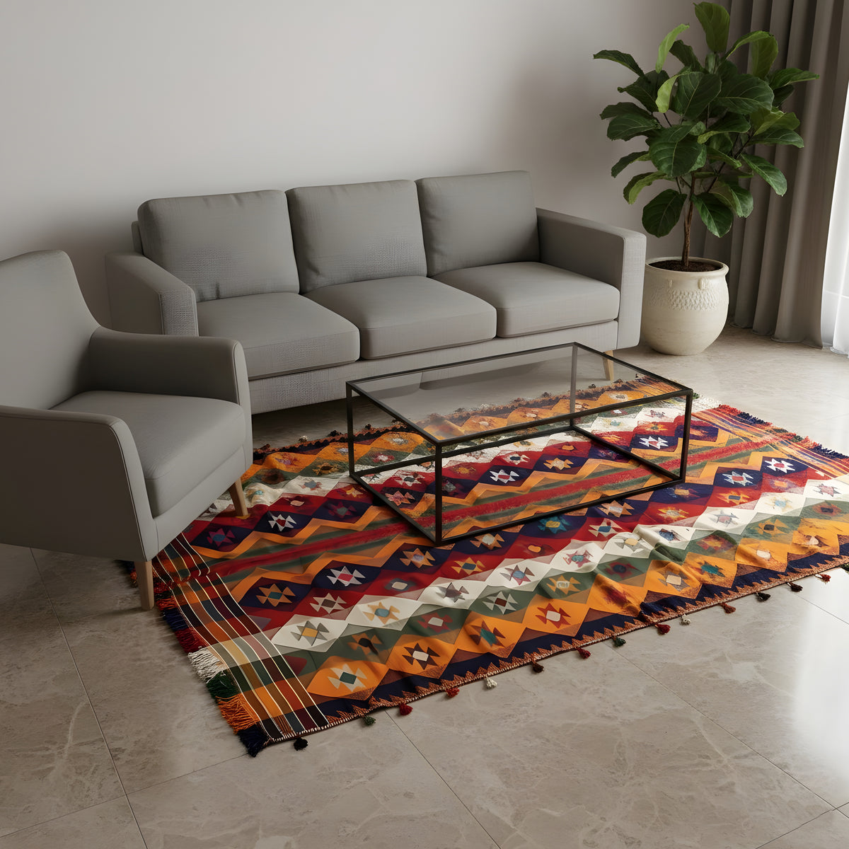 Tapete Jajim no chão, aspeto patchwork colorido com franjas, 240x164 cm