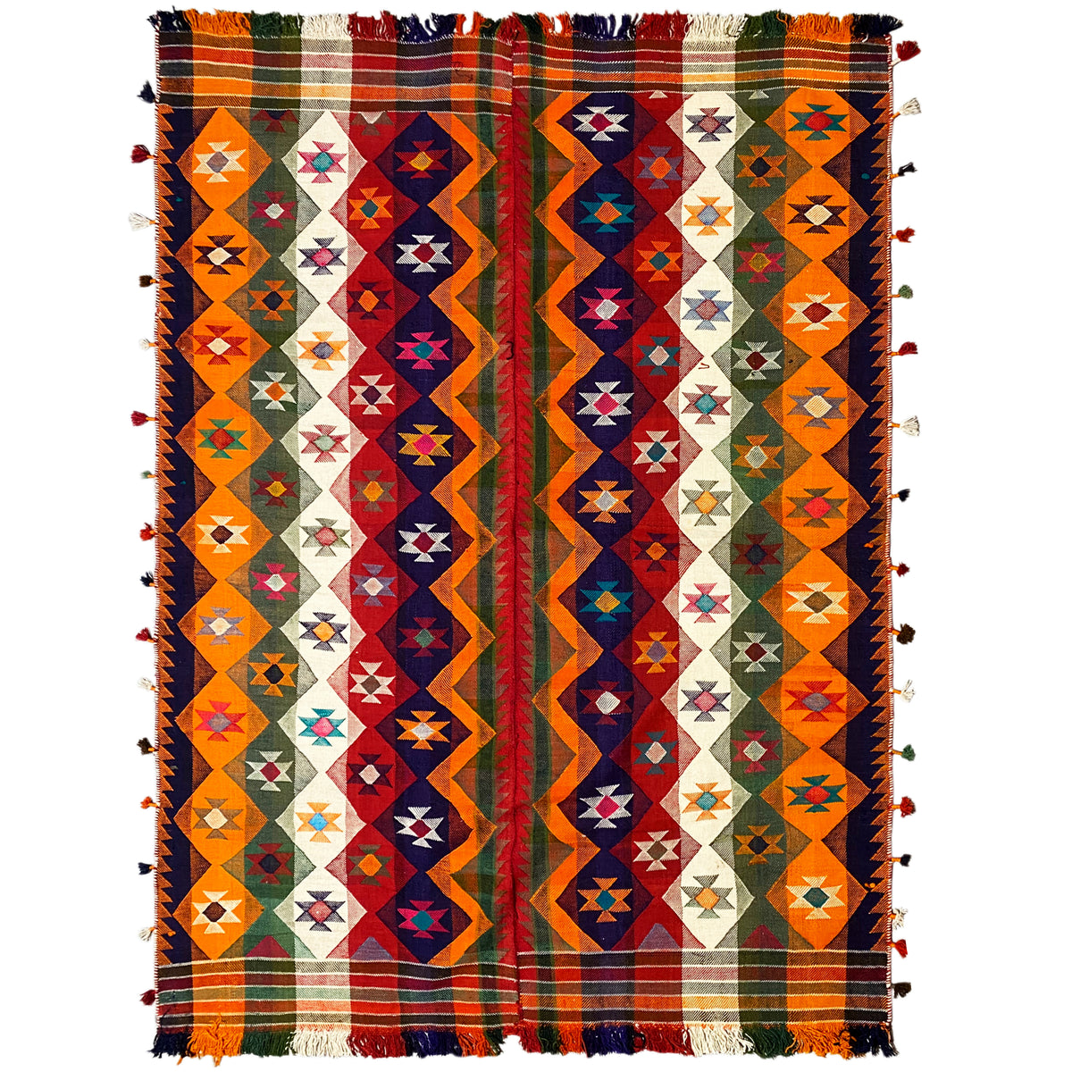 Tapete Jajim com padrão patchwork colorido, franjas nas extremidades, 240x164 cm