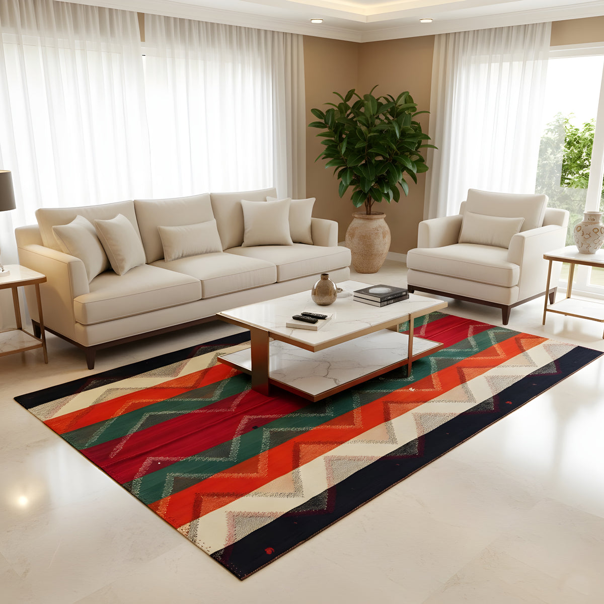 Tapete numa sala de estar com um padrão ziguezague colorido em vermelho, verde, laranja e azul-escuro