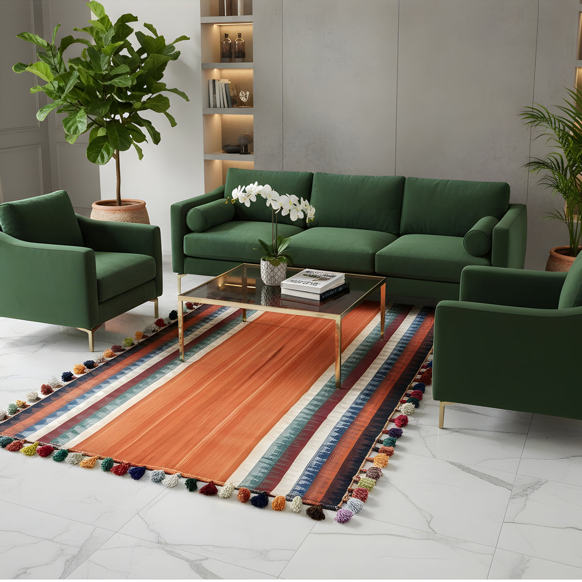 Tapete Jajim para a sala de estar: terracota com padrão às riscas e franjas coloridas nas extremidades