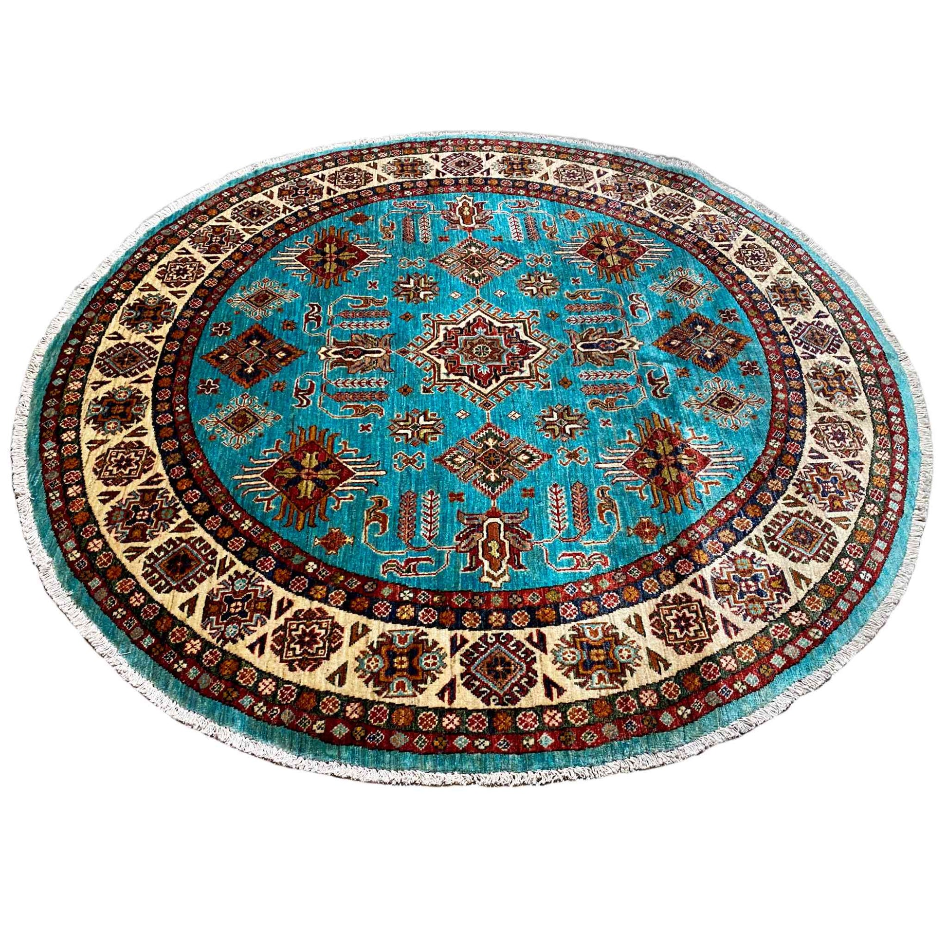 Türkisfarbener Runder Kazak Teppich, 184x185 cm - German Carpet Shop