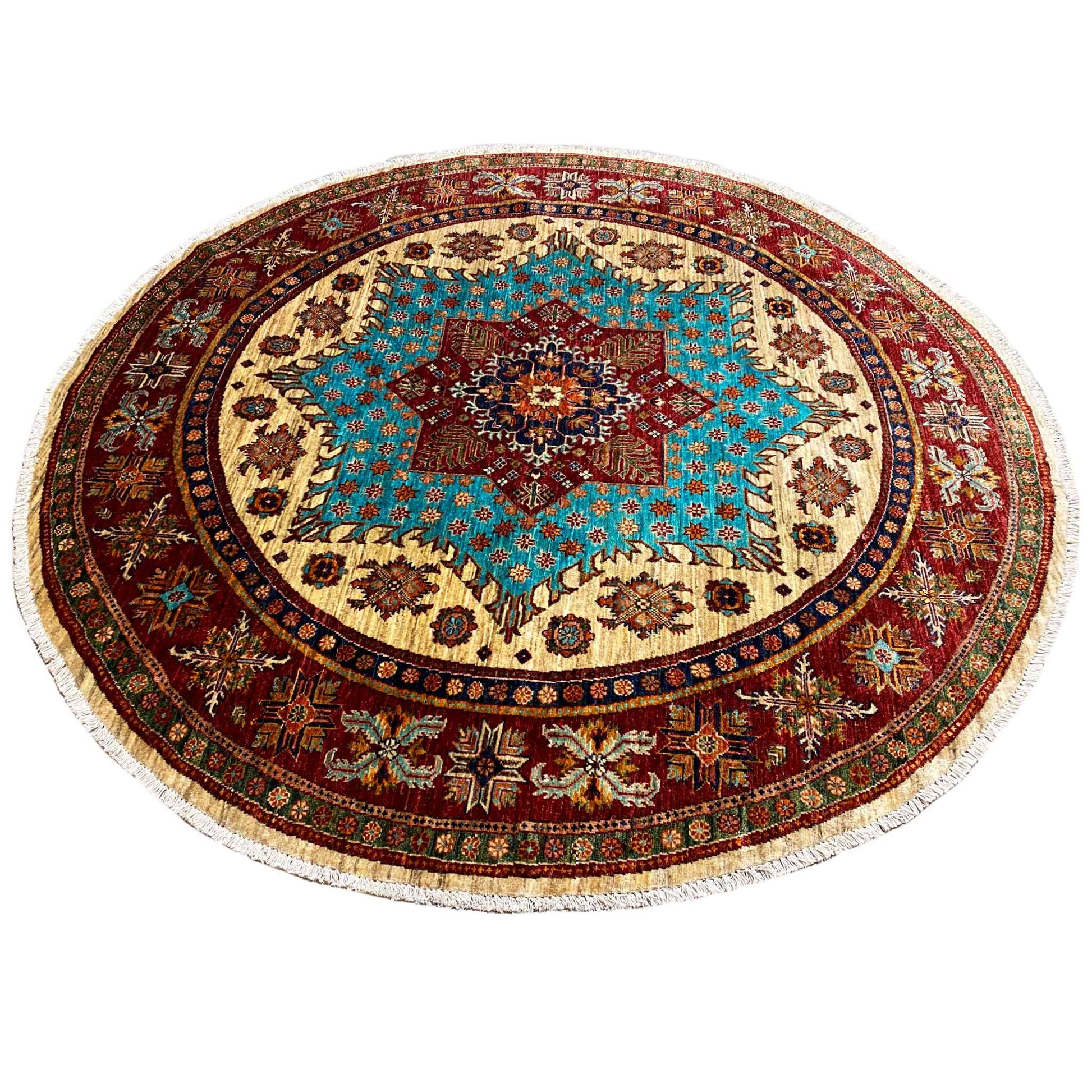 Türkis & Roter Runder Kazak Teppich, 204x204 cm - German Carpet Shop