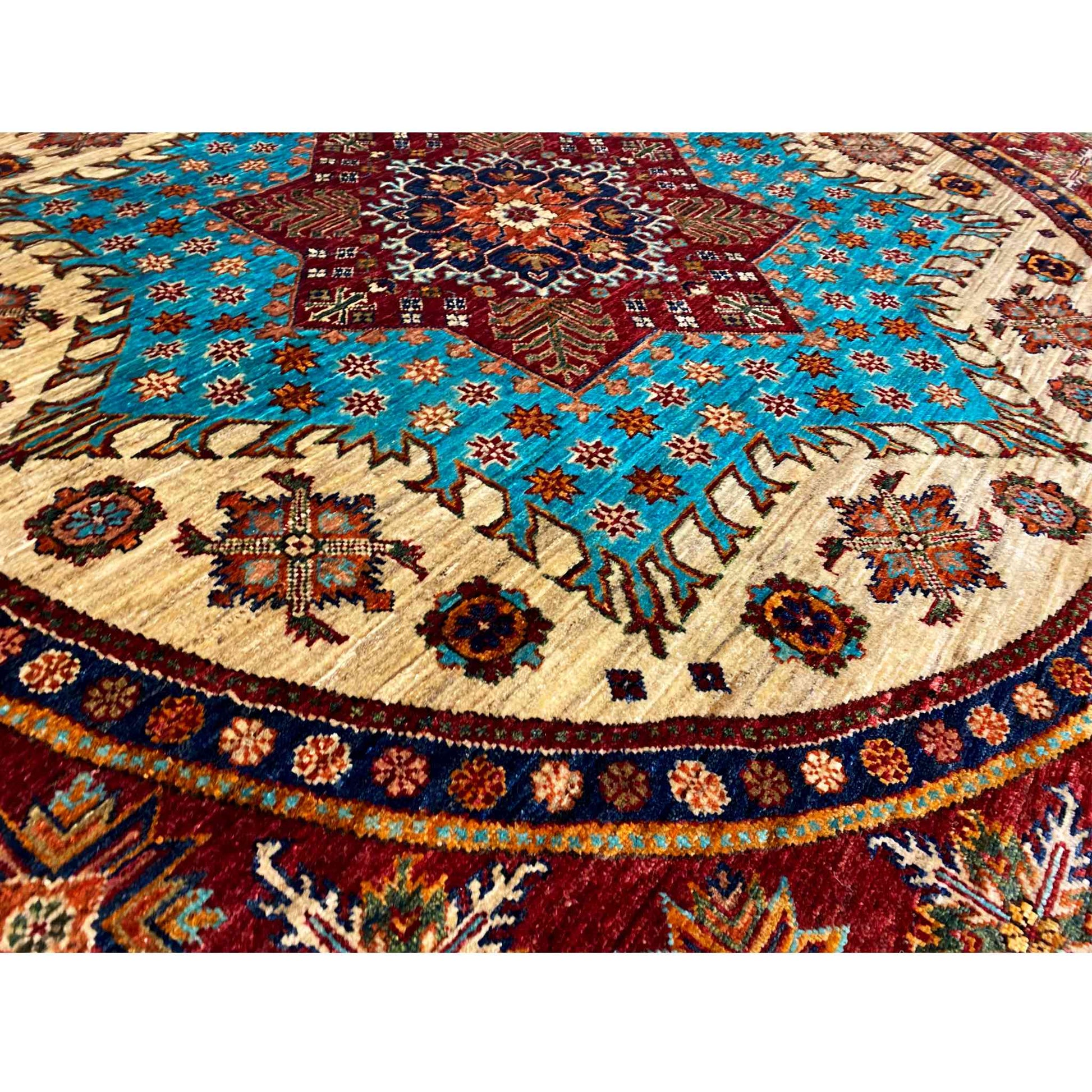 Türkis & Roter Runder Kazak Teppich, 204x204 cm - German Carpet Shop