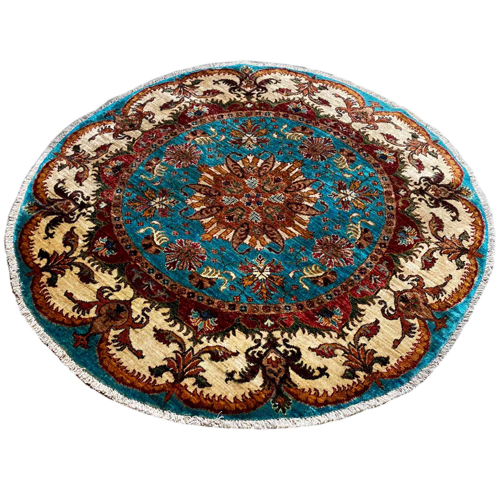 Türkis & Beiger Runder Kazak Teppich, 139x139 cm - German Carpet Shop