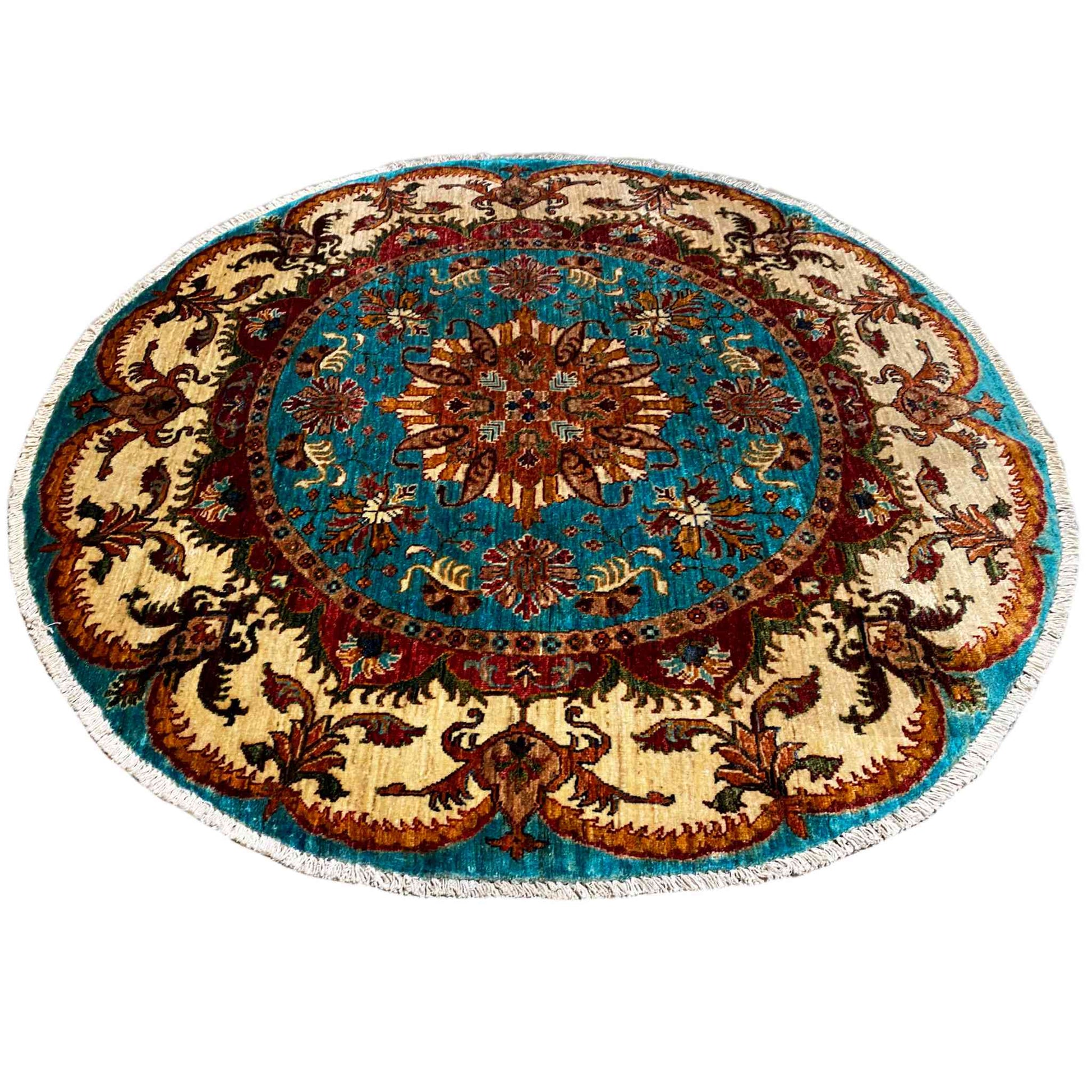 Türkis & Beiger Runder Kazak Teppich, 139x139 cm - German Carpet Shop
