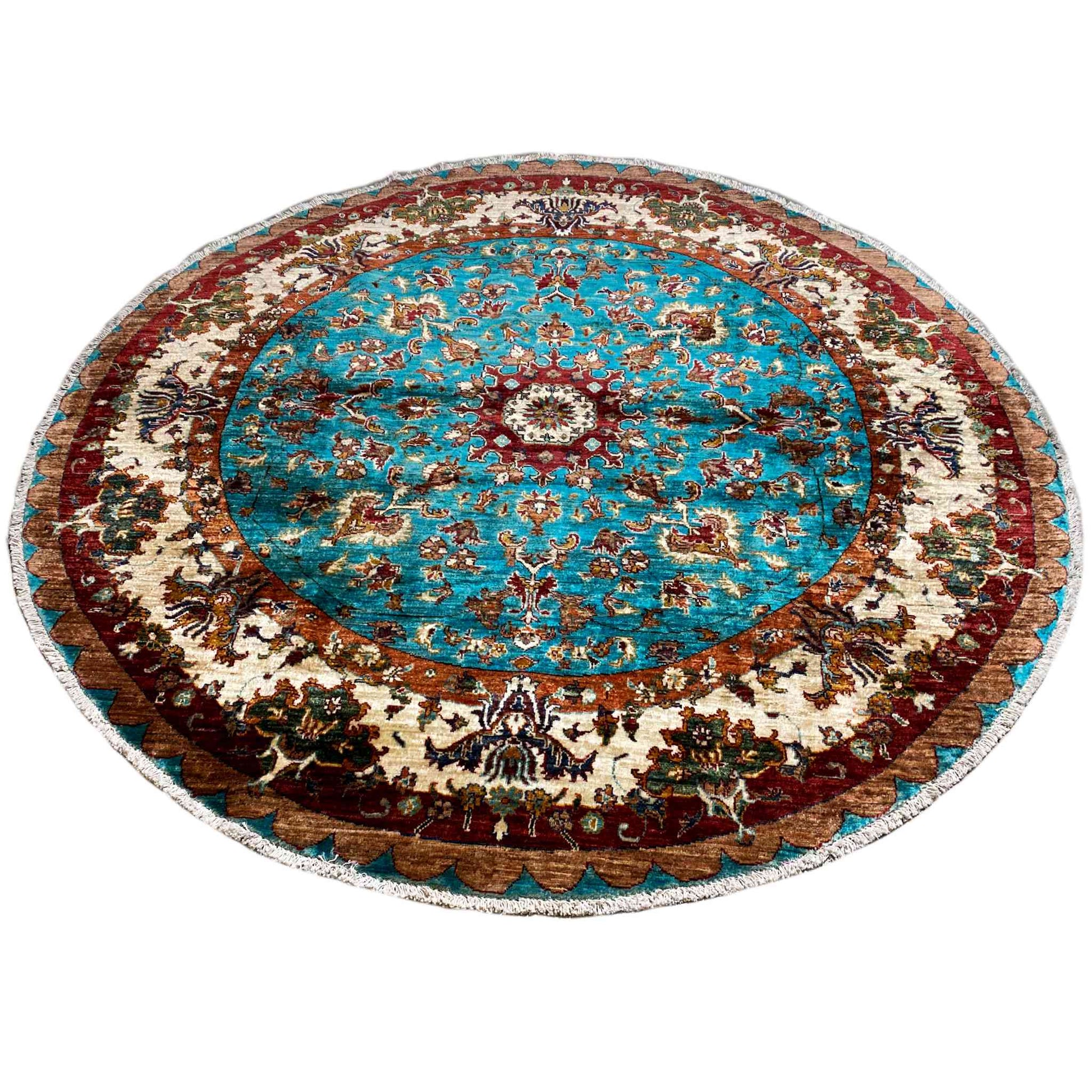 Türkis & Beiger Runder Kazak Teppich, 204x204 cm - German Carpet Shop