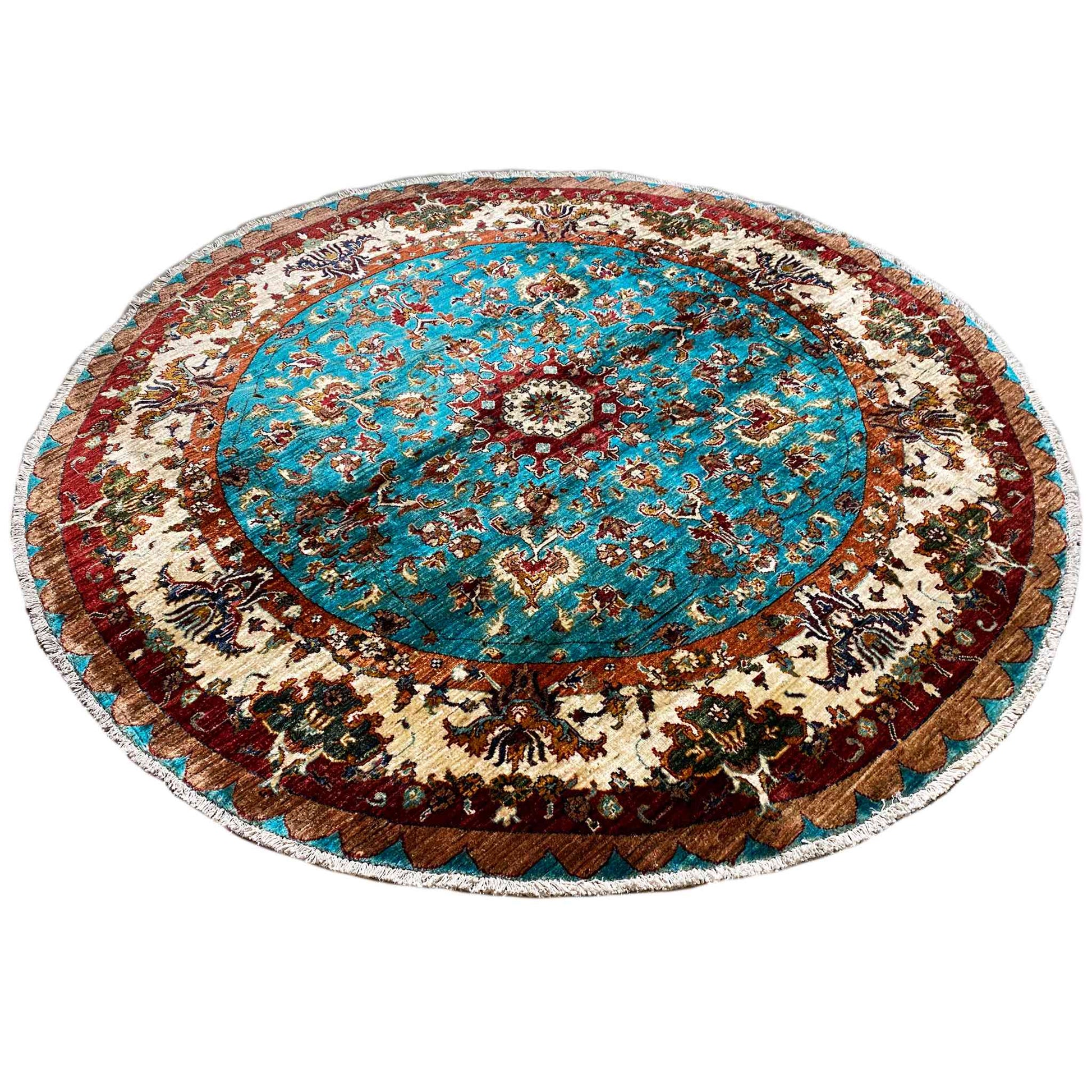 Türkis & Beiger Runder Kazak Teppich, 204x204 cm - German Carpet Shop