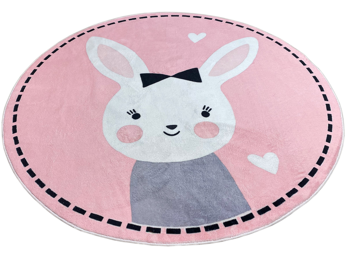Runder Kinderteppich mit zentriertem Hasengesicht, rosa und schwarze Umrandung