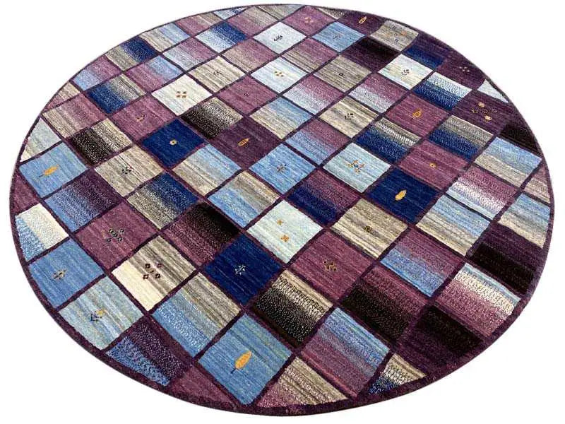 Área de tapete Gabbeh oval com patchwork às riscas em azul, roxo, bege e cinzento-escuro