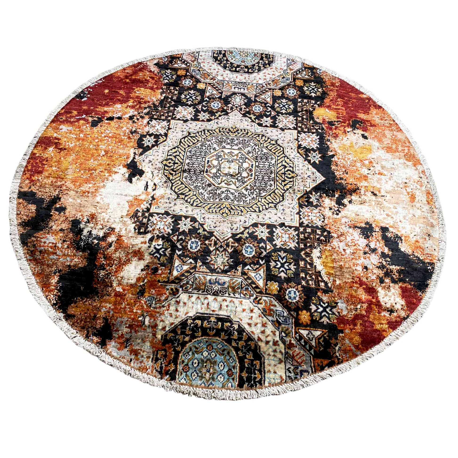 Afghanischer Mamluk Runder Handgeknüpfter Teppich Rot Beige 156x155 cm - German Carpet Shop