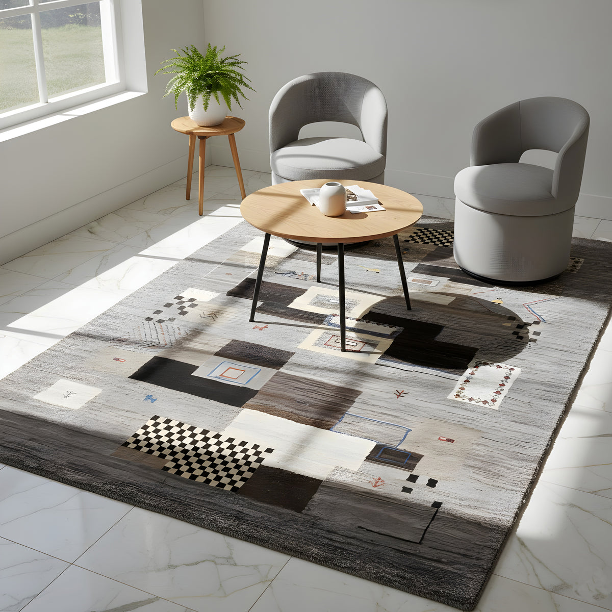 Tapete Gabbeh 235x171 cm, cinzento-claro com padrões geométricos pretos e bege