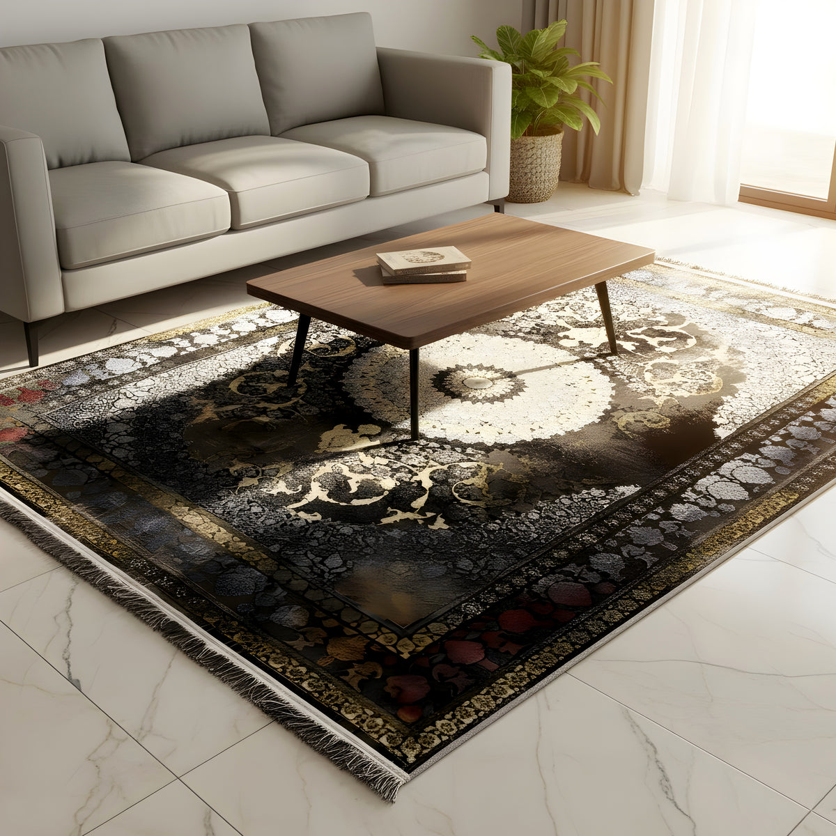 Tapete oriental 170x240cm na sala de estar: padrão ornamental escuro com parte central dourada