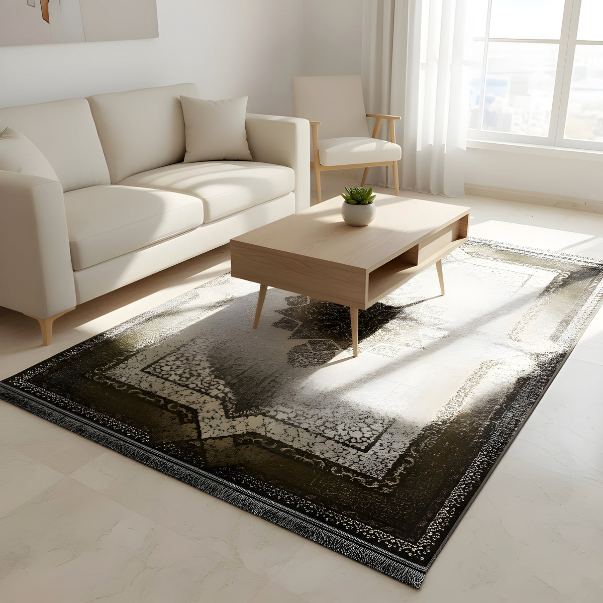 Tapete 170x240 cm com ornamento de grande dimensão, bege-claro e detalhes em tons de azeitona, com rebordo