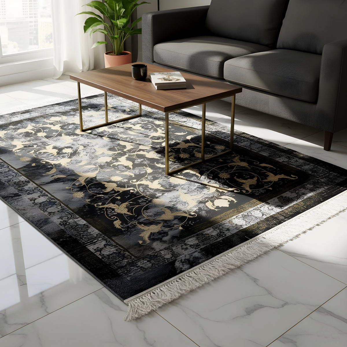Tapete 160x230 cm com padrão barroco dourado, superfície escura e franjas