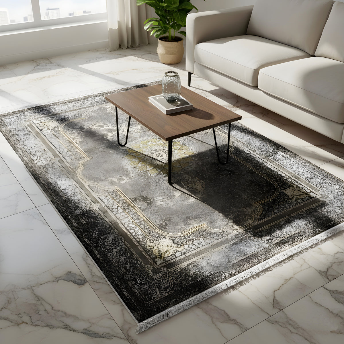 Tapete 170x240 cm com padrão vintage, borda dourada e sombreados cinzentos