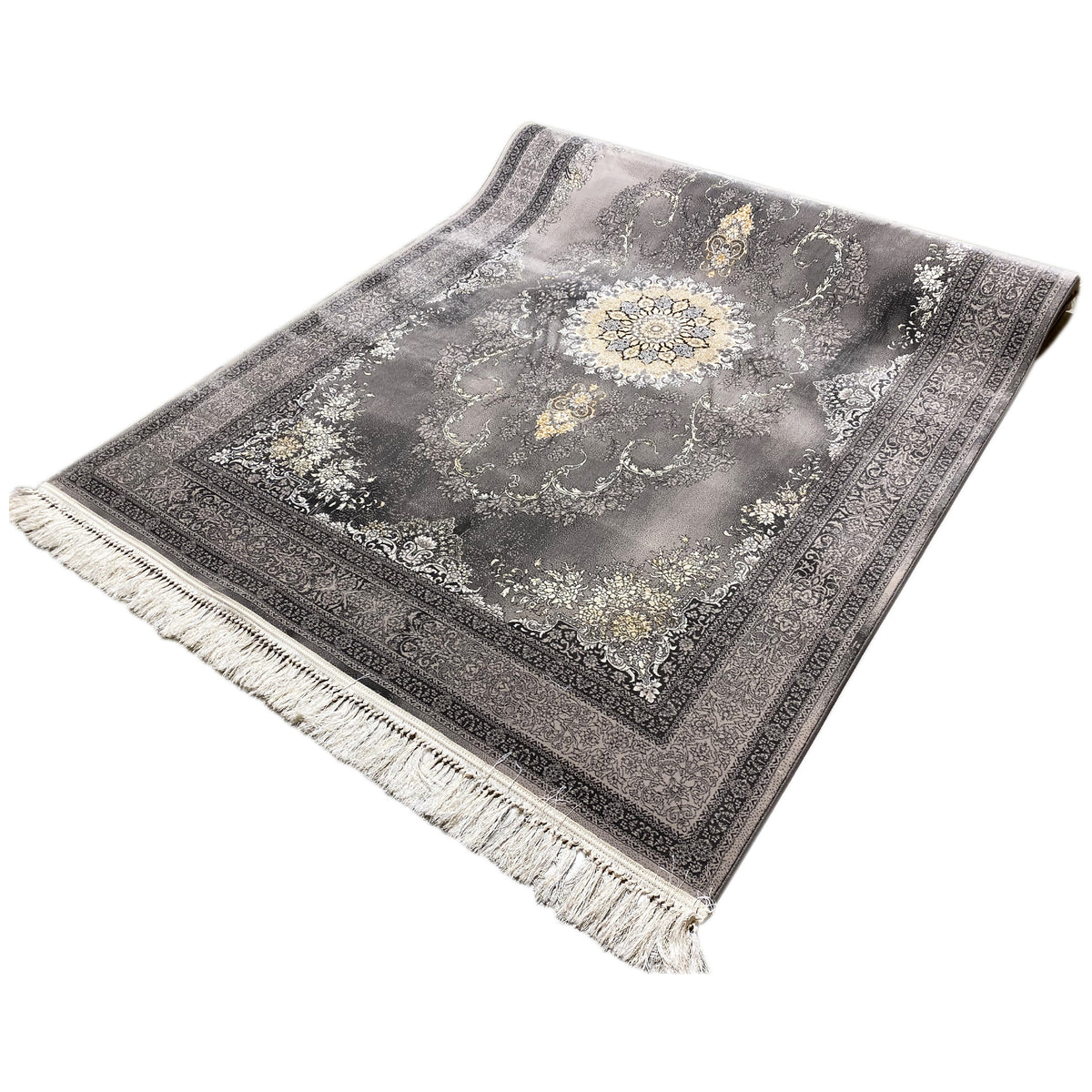Tapete Kashan 160x230 cm em cinzento com design de medalhão e franjas
