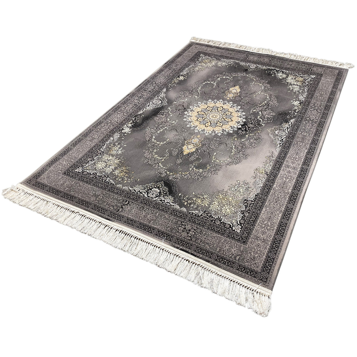 Tapete Kashan 160x230 cm, padrão ornamental cinzento com detalhes dourados