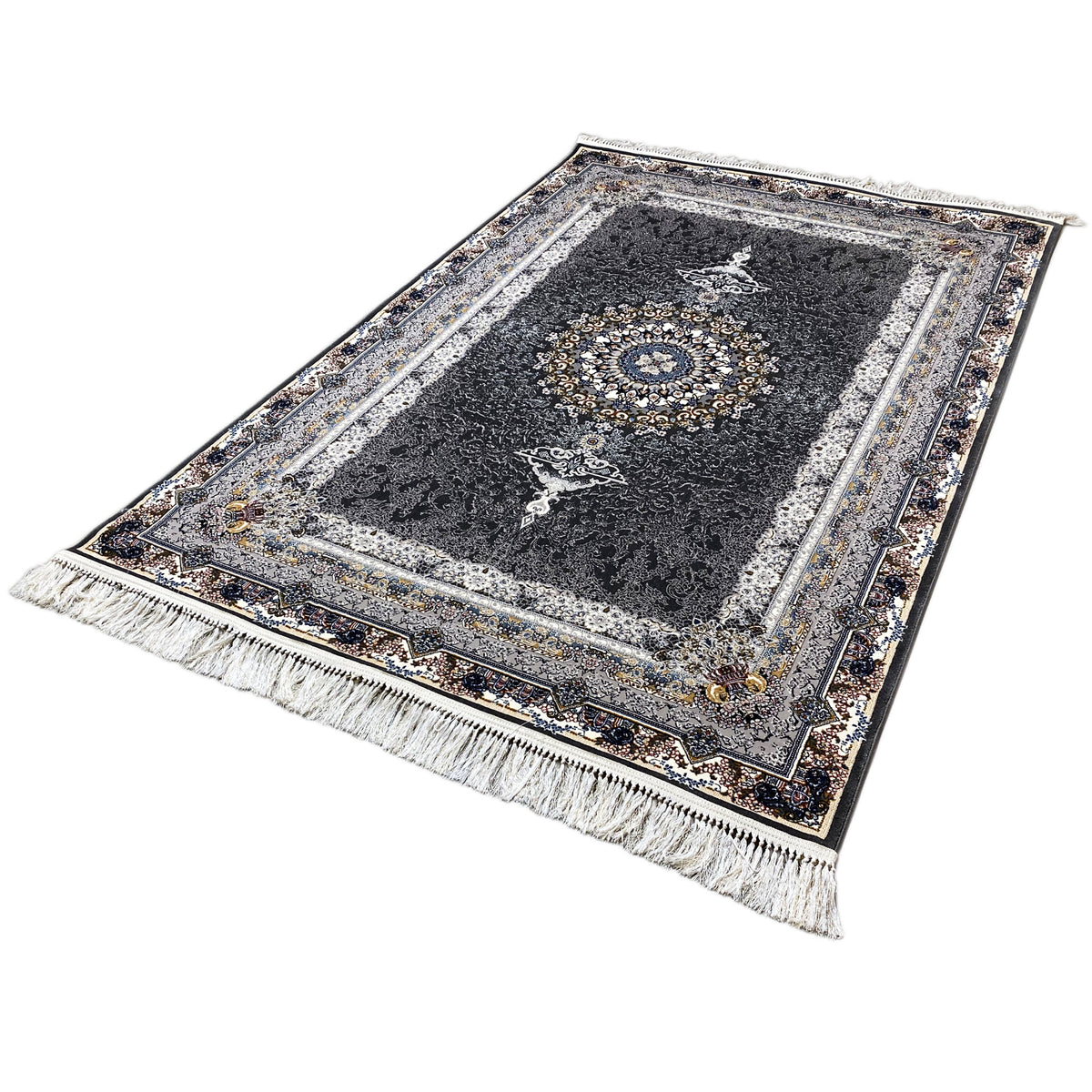 Tapete oriental com medalhão ornamental central, fundo escuro e franjas na borda