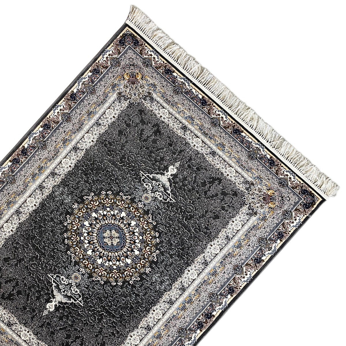 Tapete oriental preto com design de bordadura circundante, franjas e medalhão central