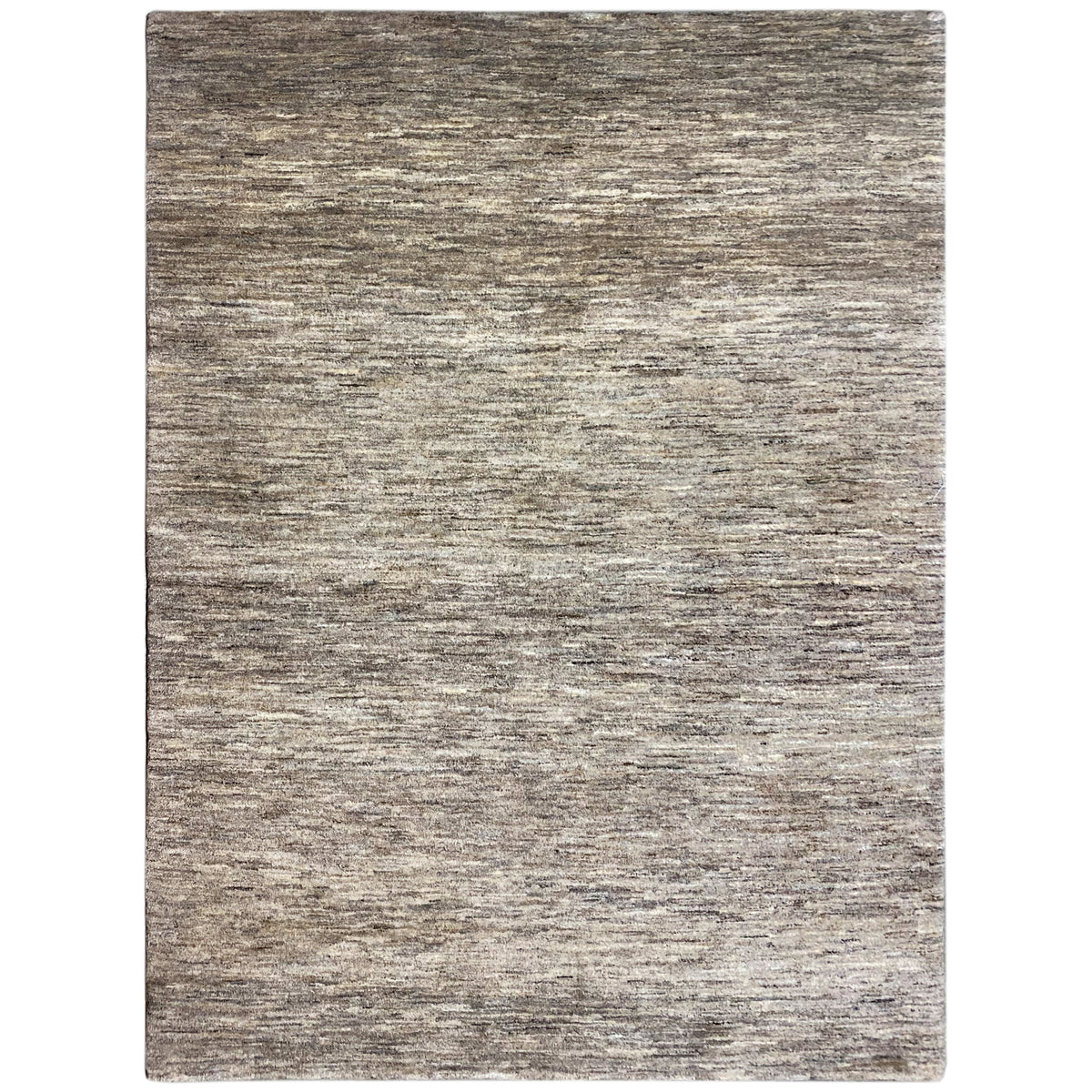 Vista frontal de um tapete Gabbeh, aspeto mesclado cinzento-bege, horizontal