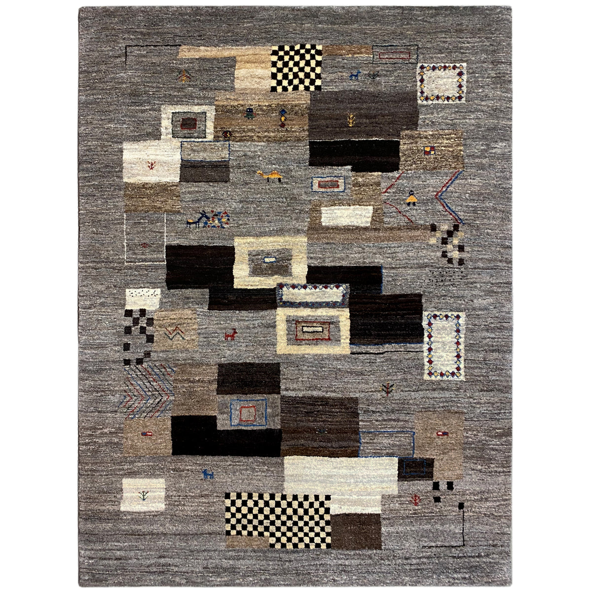 Tapete Gabbeh 235x171 cm, formas geométricas em cinzento, preto e bege