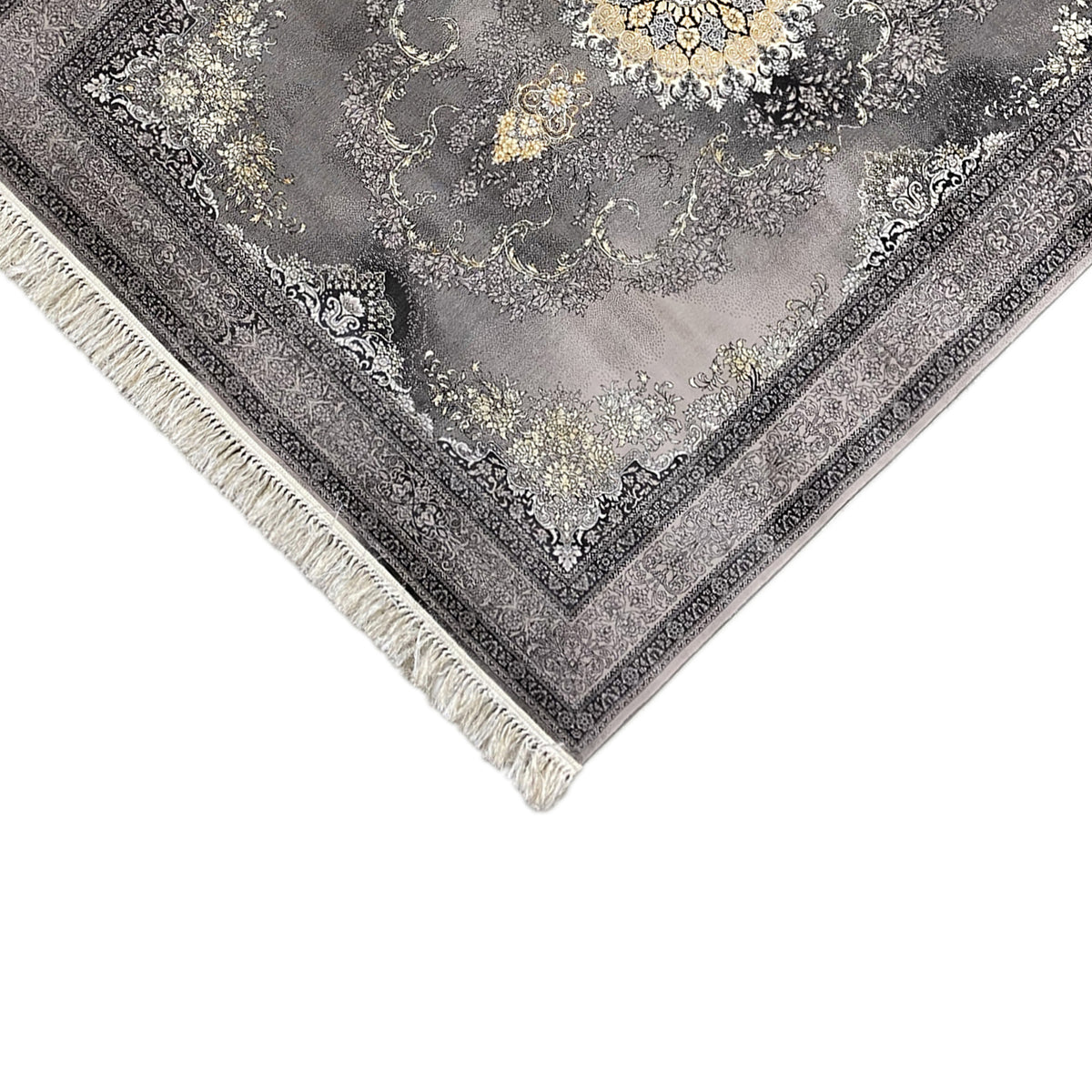 Vista de canto de tapete Kashan 160x230 cm com franjas e bordadura ornamental