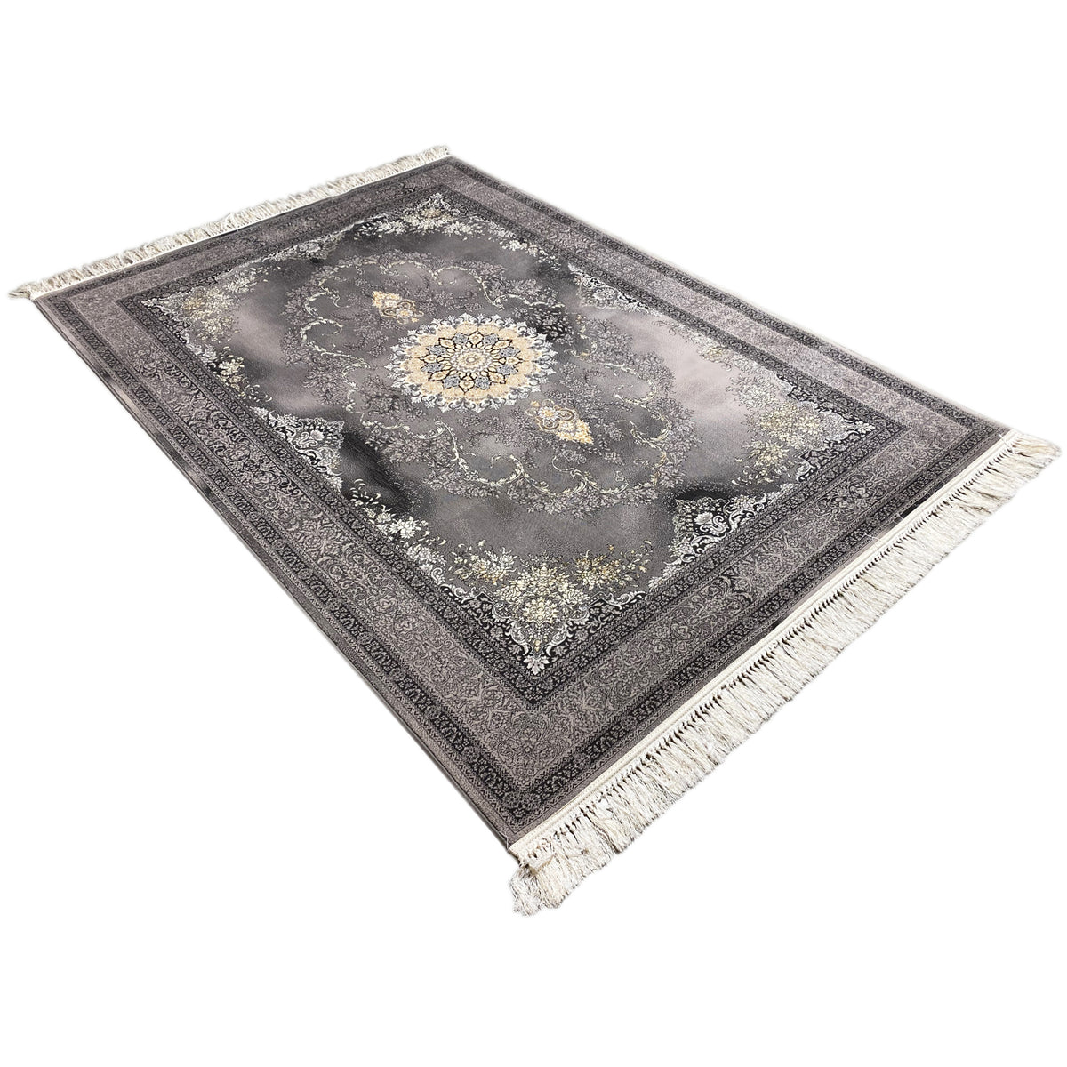 Tapete Kashan 160x230 cm, perspetiva triangular: campo ornamental cinzento com franjas