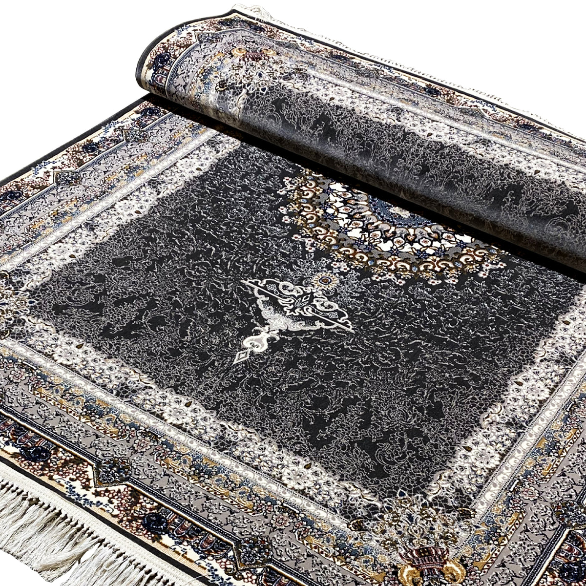 Tapete oriental preto enrolado, com linhas prateadas, medalhão dourado e barras decorativas