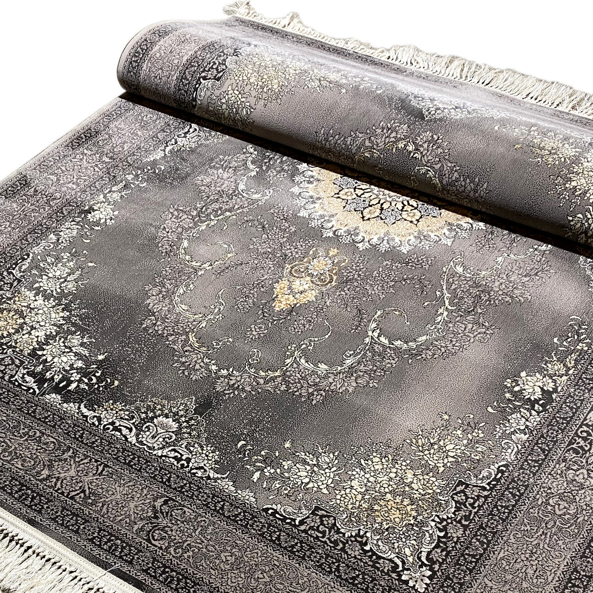 Tapete Kashan 160x230 cm enrolado: padrão ornamental cinzento com detalhes dourados