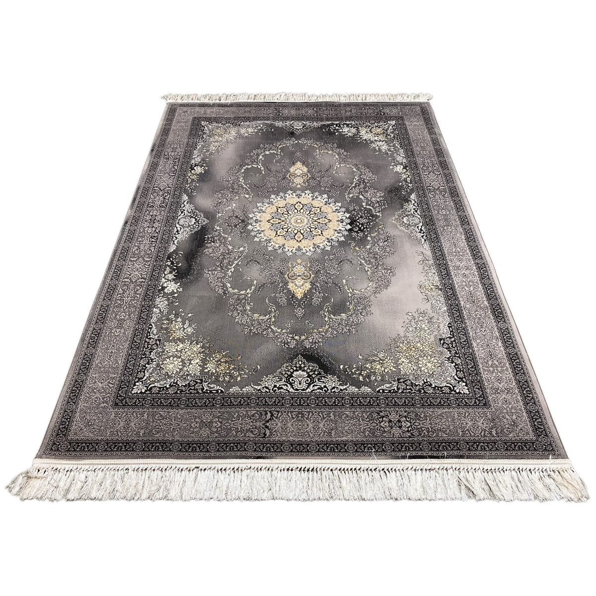 Tapete Kashan retangular em cinzento com centro de medalhão, moldura ornamental e franjas