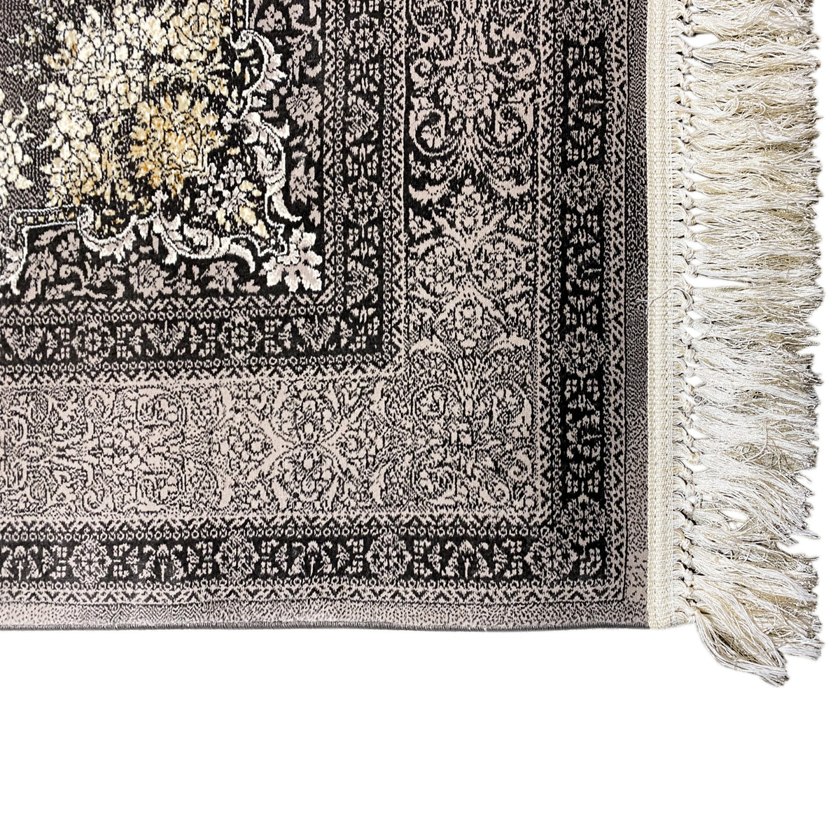 Barra de tapete Kashan com franjas: pelo preto com padrão branco e dourado
