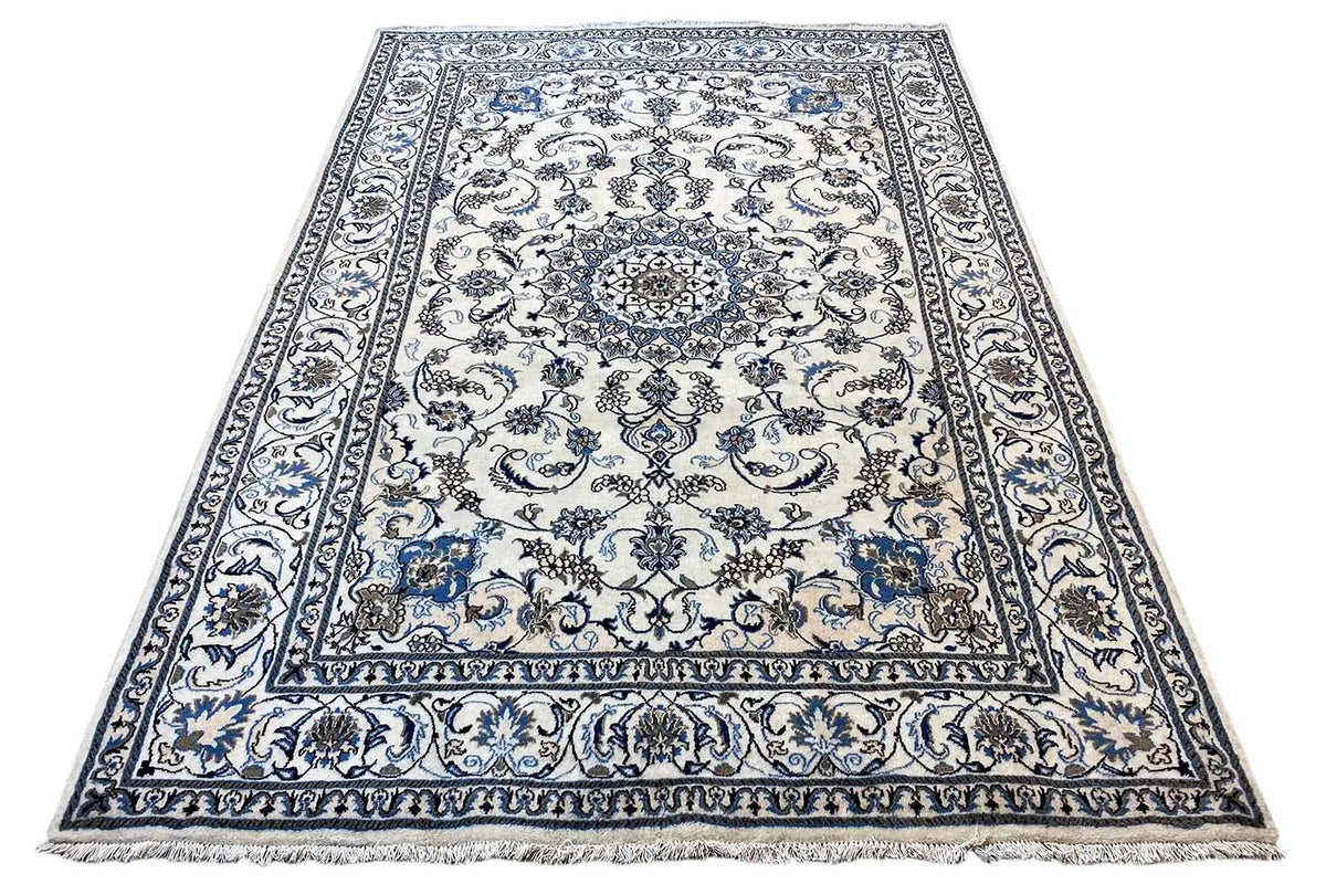 Tapete Nain (290x197 cm) azul e branco, medalhão centrado, com franjas