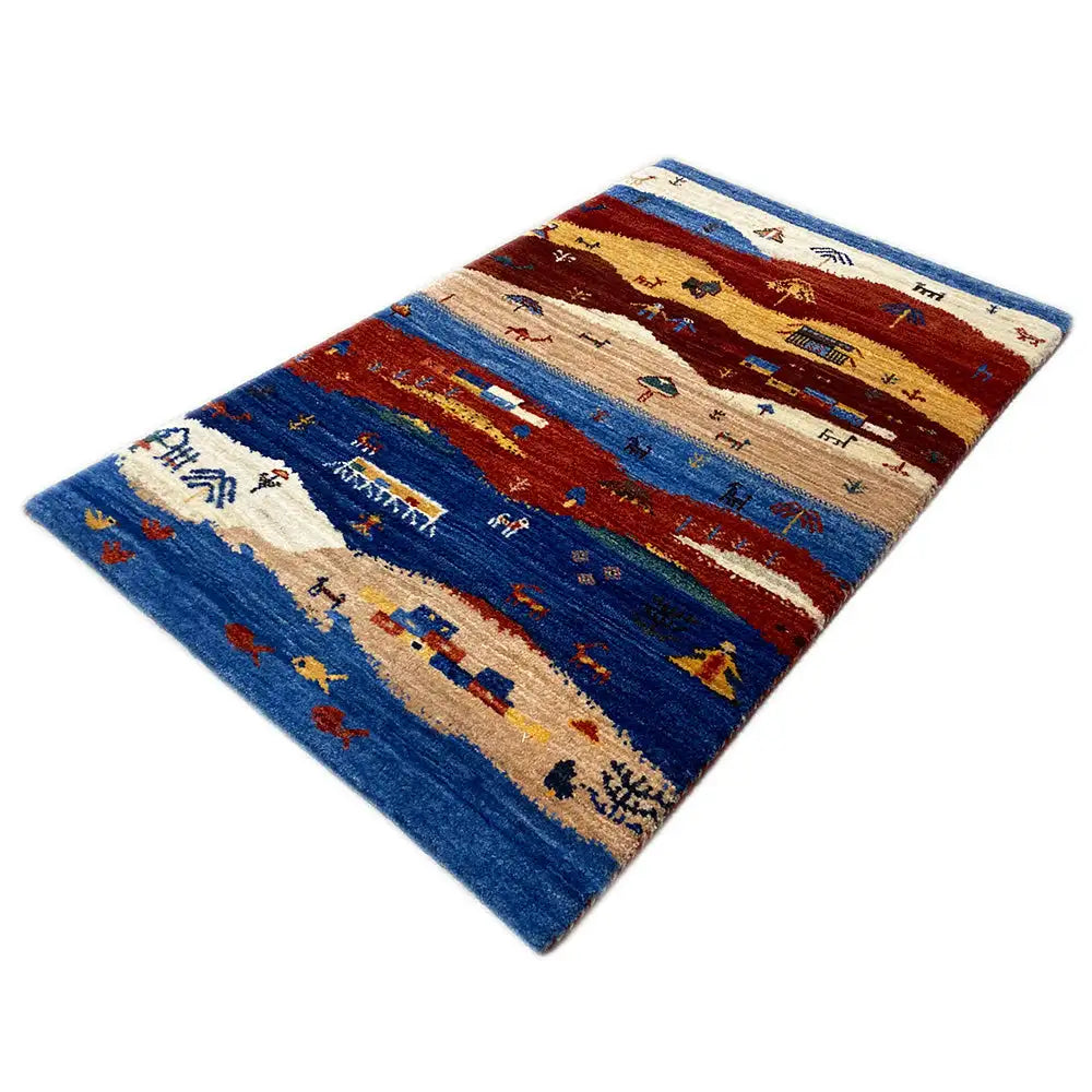 Tapete Gabbeh 90x59 cm, padrão de campo multicolorido com casas e árvores