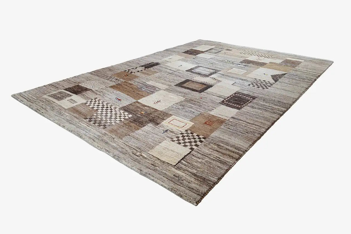 Tapete Gabbeh com padrão patchwork em cinzento/bege/castanho, retangular