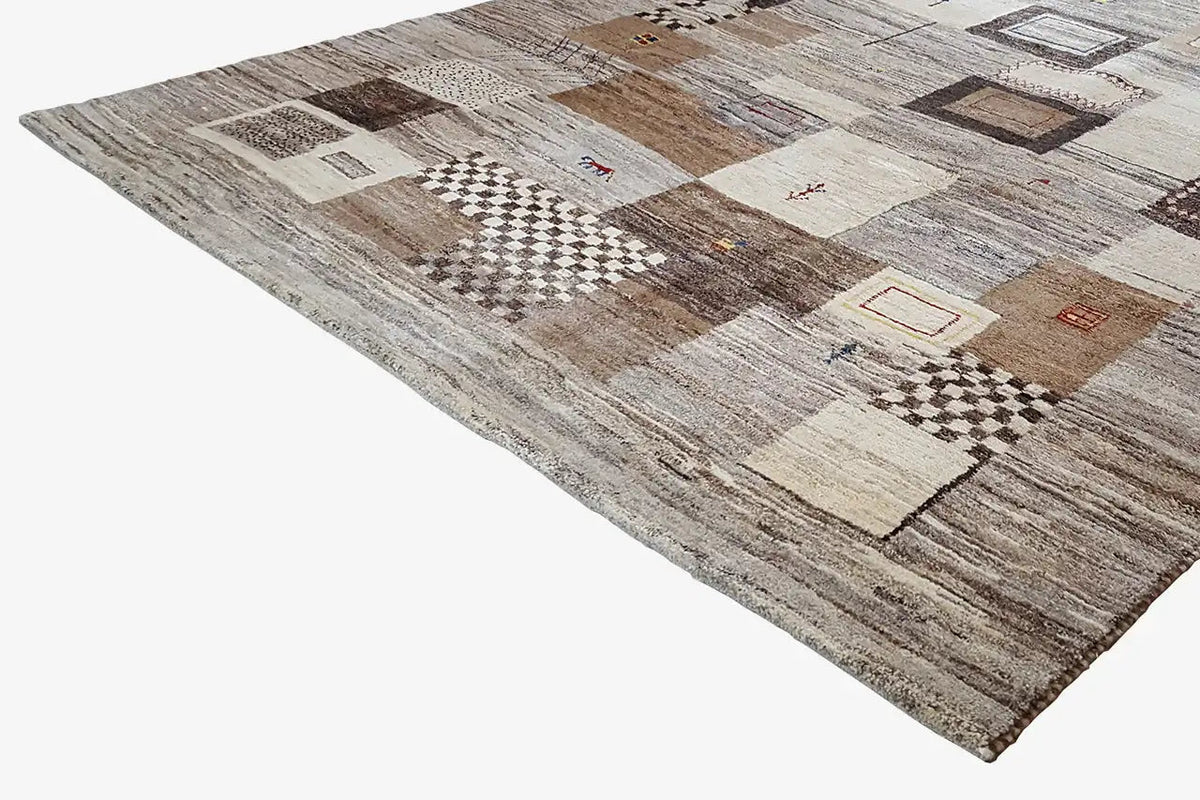 Tapete Gabbeh, vista oblíqua, design patchwork com quadrados claros e escuros
