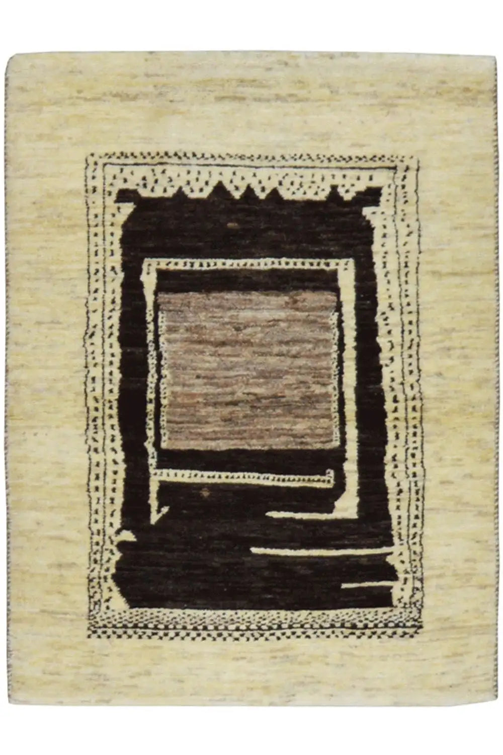 Tapete Gabbeh 109x81 cm com medalhão em bege e castanho-escuro