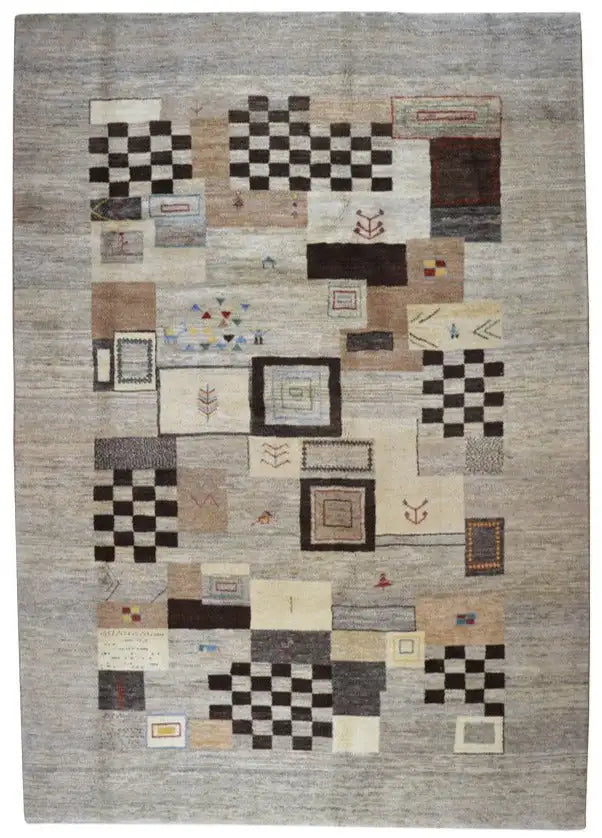 Tapete Gabbeh com design abstrato em patchwork, em bege, preto e castanho