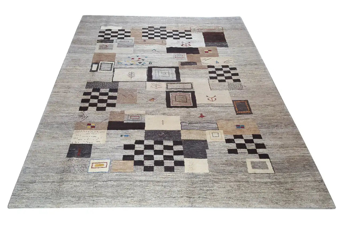 Tapete Gabbeh com padrão patchwork quadrado, bege com apontamentos castanho-escuros