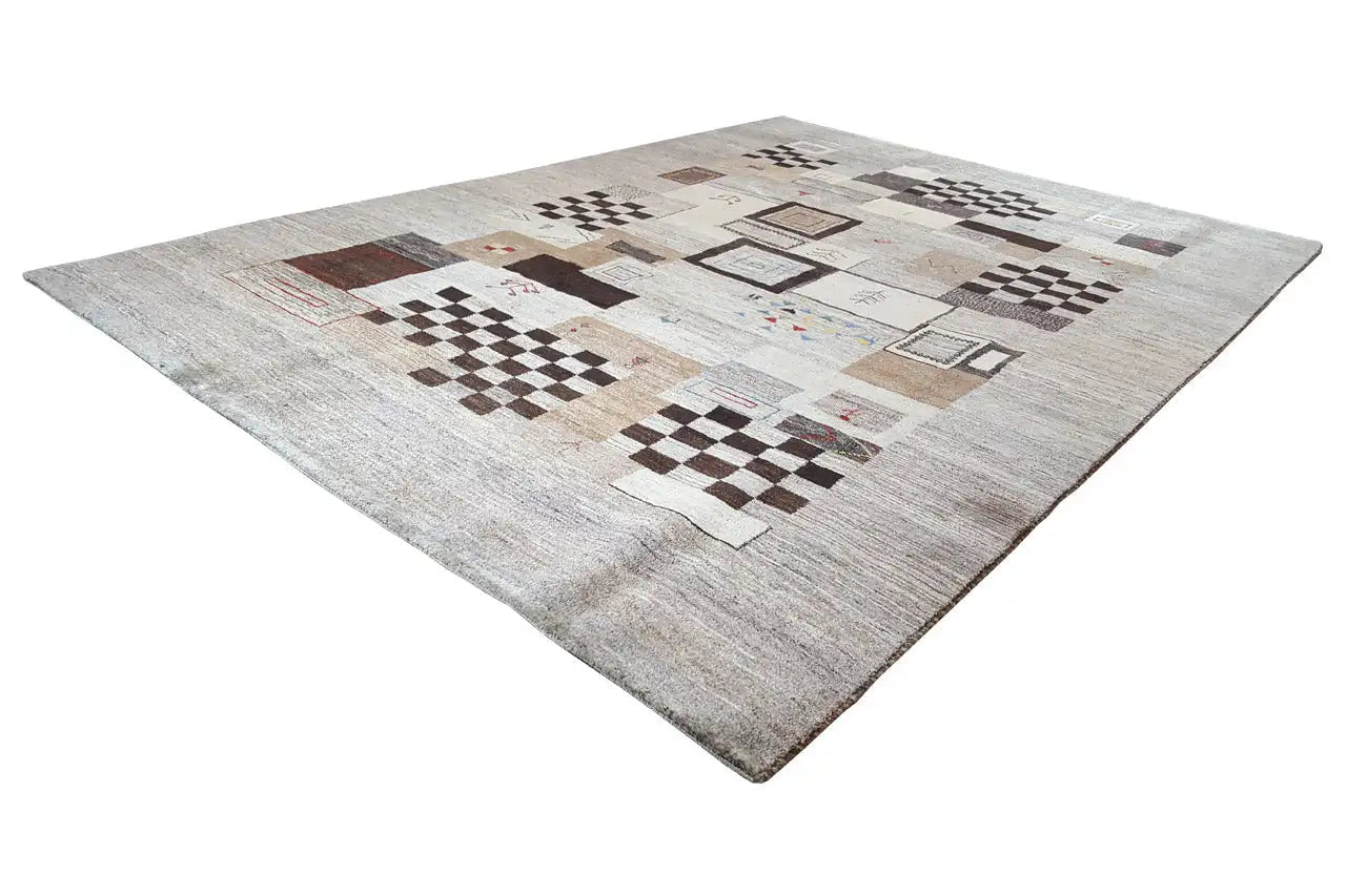 Tapete Gabbeh em patchwork de quadrados, bege com preto e castanho