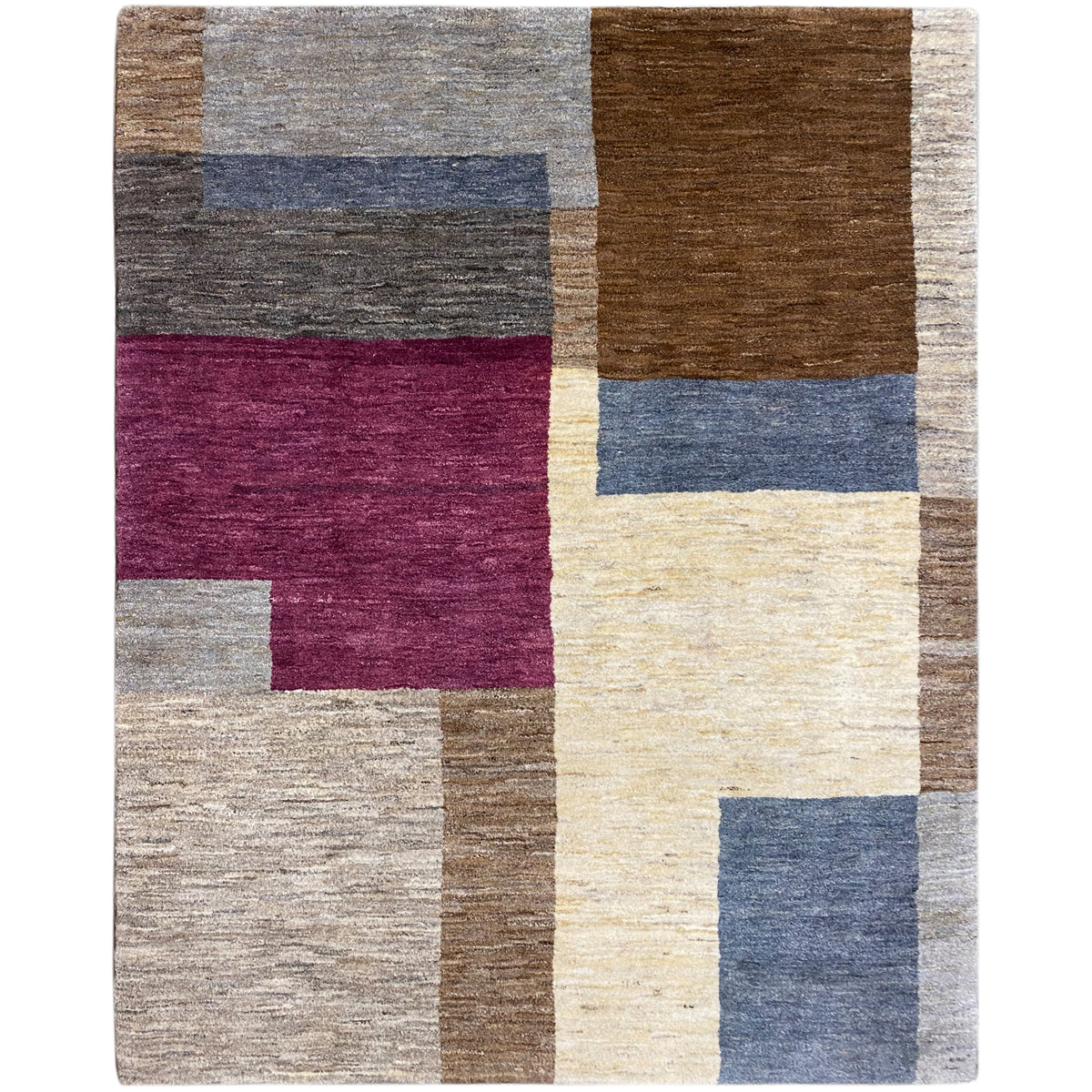 Gabbeh-Teppich mit Patchwork-Design aus grau, braun, bordeaux, creme und blau