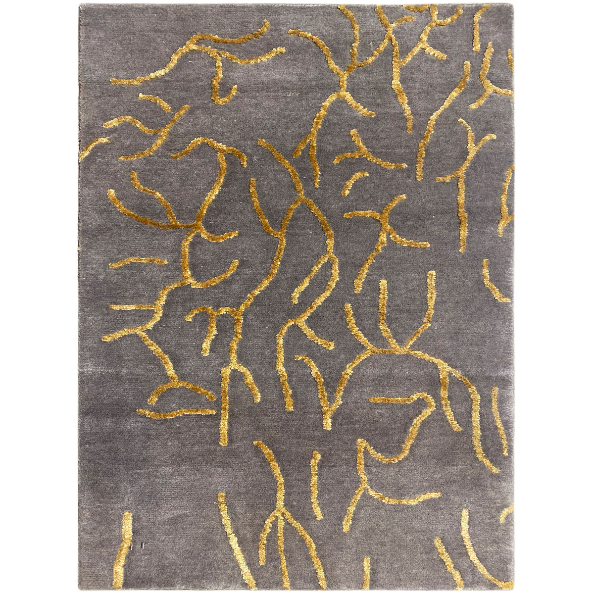 Designer-Teppich 91x62 cm, grauer Teppich mit gelbem Ornament im Musterbild