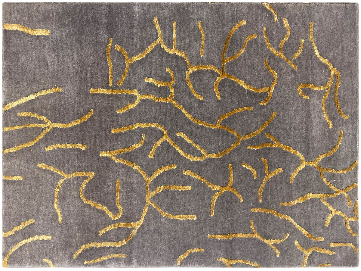 Designer-Teppich 91x62 cm, graue Fläche mit gelben abstrakten Linienornamenten