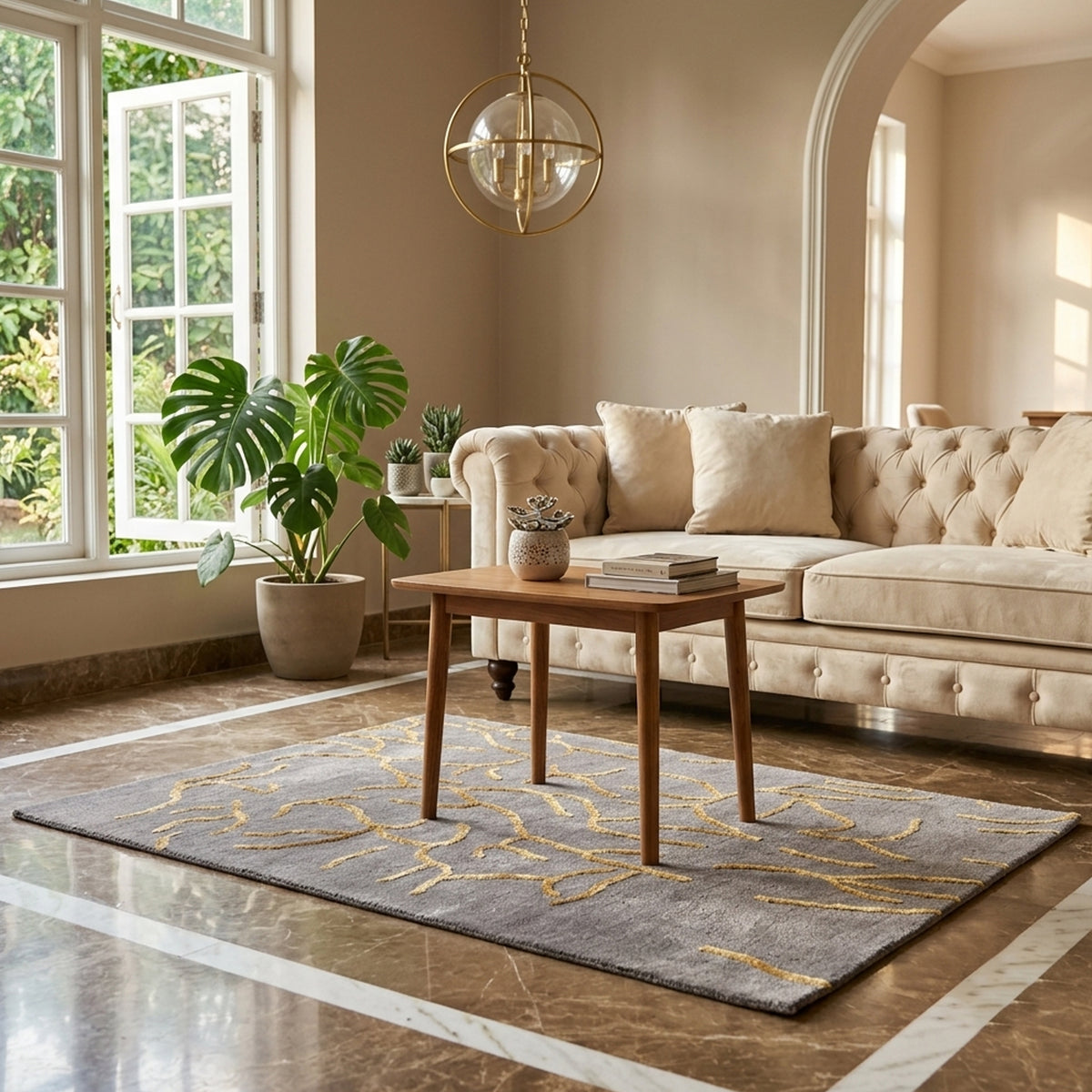 Designer-Teppich 91x62 cm im Wohnbereich: graue Fläche mit gelbem Ornamentmuster