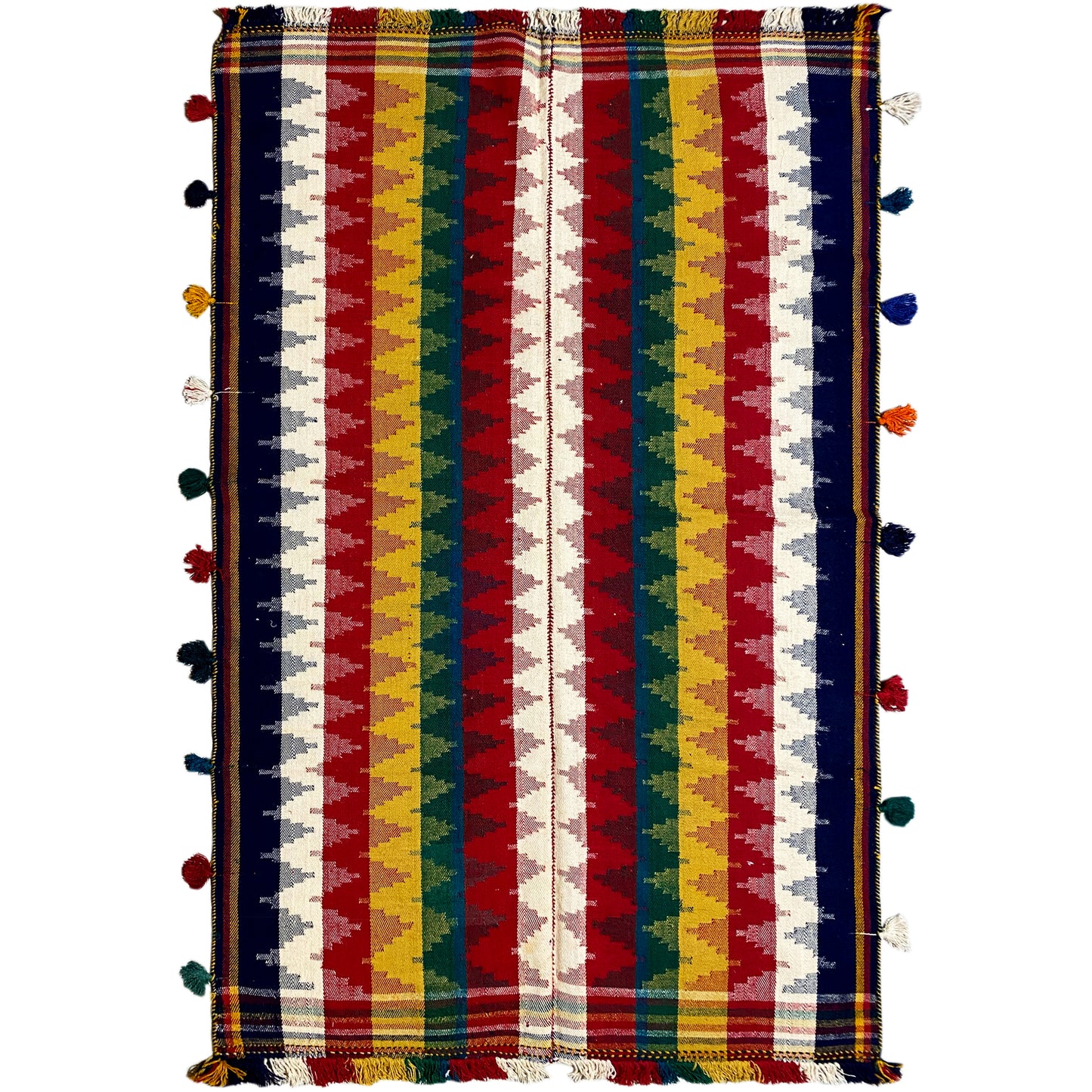 Wohnzimmer bunter Jajim Teppich handgewebt mit geometrischem Zickzackmuster