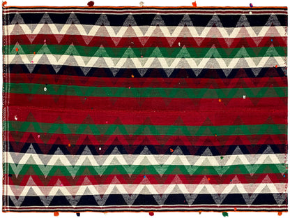 Salon handgewebter Jajim Teppich rot-grün mit markantem geometrischem Muster
