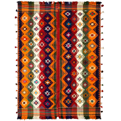 Wohnzimmer bunter Jajim Teppich handgewebt mit geometrischem Rautenmuster