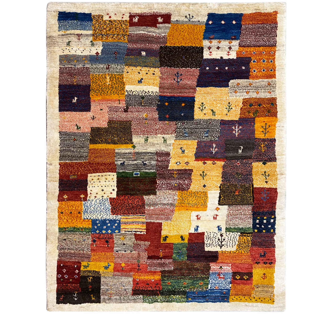 Tapete Gabbeh Luri 145x105 cm com padrão de blocos patchwork em cores quentes